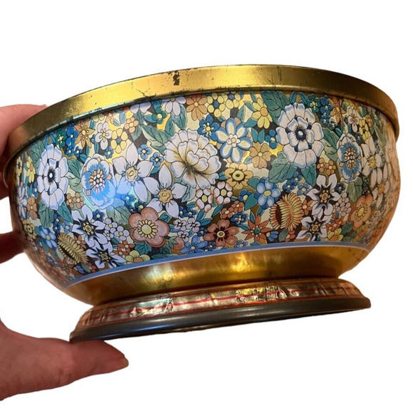 Aqua & Yellow Covered Tin Bowl w/ Handled Lid DESIGNED BY DANER COLORFUL FLORAL - Picture 5 of 6